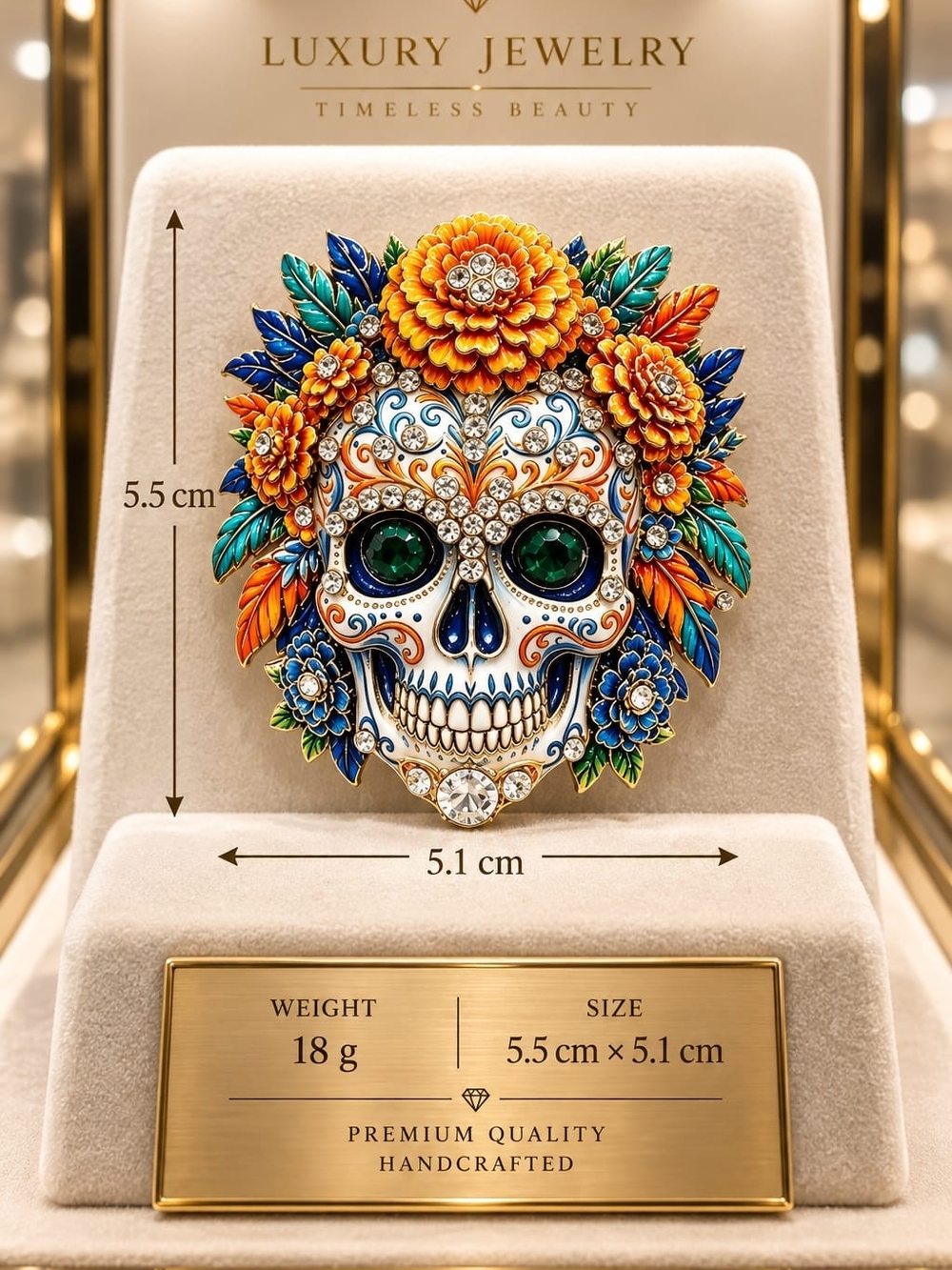 Floral Sugar Skull Brooch Pin - Orange & Multicolor - Picture 3 of 6